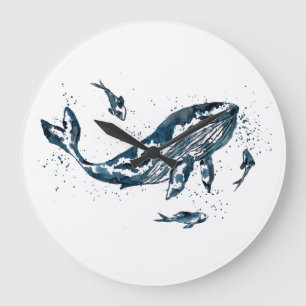 Watercolor Whal in Blue Wall Clock