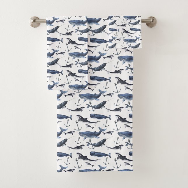 Watercolor Whale & Anchor Pattern Bath Towel Set (Insitu)