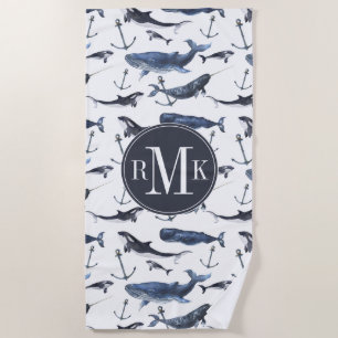 Watercolor Whale & Anchor Pattern Beach Towel