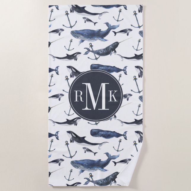 Watercolor Whale & Anchor Pattern Beach Towel (Front)