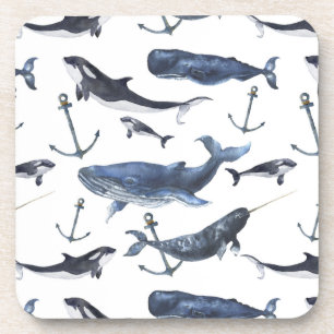 Watercolor Whale & Anchor Pattern Coaster