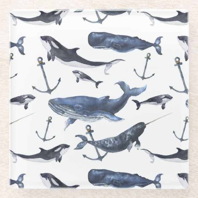 Watercolor Whale & Anchor Pattern Glass Coaster (Front)