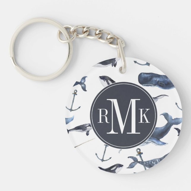 Watercolor Whale & Anchor Pattern Key Ring (Front)