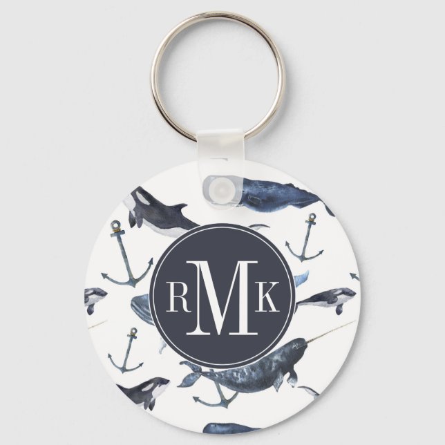 Watercolor Whale & Anchor Pattern Key Ring (Front)
