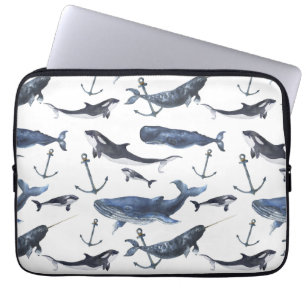 Watercolor Whale & Anchor Pattern Laptop Sleeve