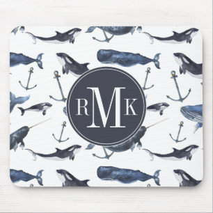 Watercolor Whale & Anchor Pattern Mouse Mat