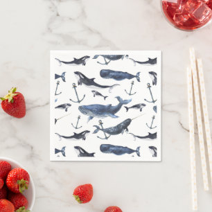 Watercolor Whale & Anchor Pattern Napkin