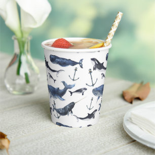 Watercolor Whale & Anchor Pattern Paper Cups