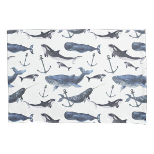 Watercolor Whale & Anchor Pattern Pillowcase