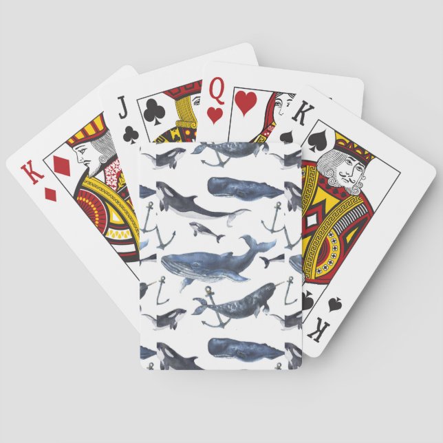 Watercolor Whale & Anchor Pattern Playing Cards (Back)