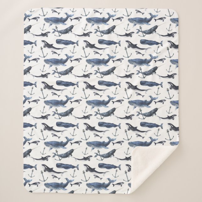 Watercolor Whale & Anchor Pattern Sherpa Blanket (Front)