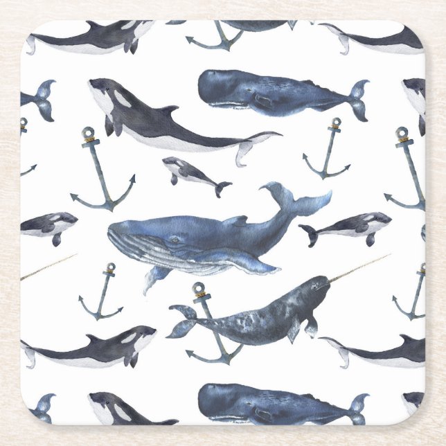 Watercolor Whale & Anchor Pattern Square Paper Coaster (Front)