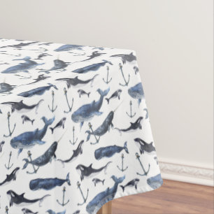 Watercolor Whale & Anchor Pattern Tablecloth