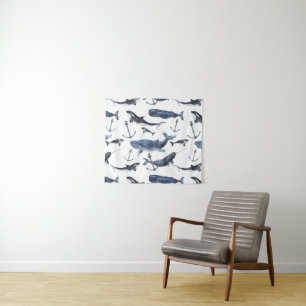 Watercolor Whale & Anchor Pattern Tapestry