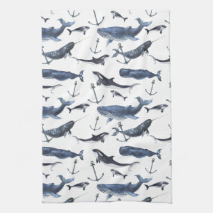 Watercolor Whale & Anchor Pattern Tea Towel