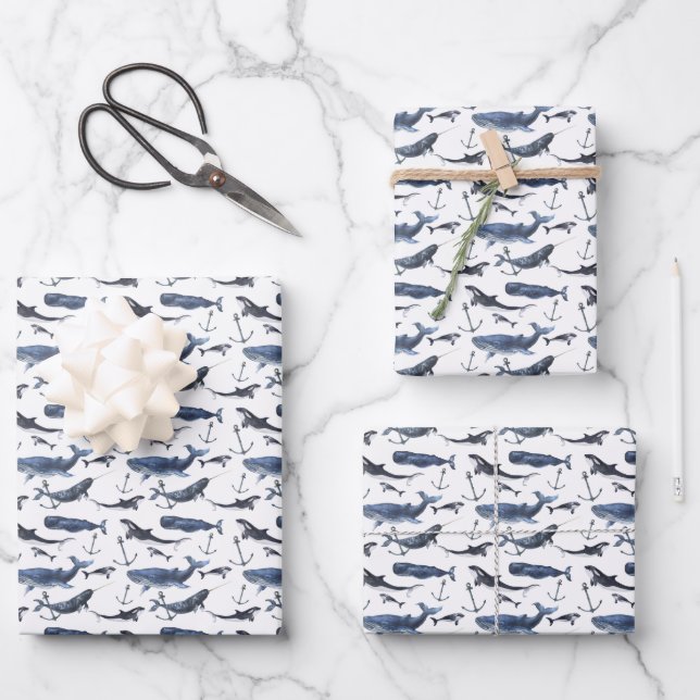 Watercolor Whale & Anchor Pattern Wrapping Paper Sheet (Front)