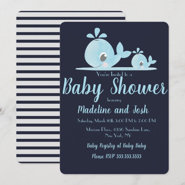 Watercolor Whale Baby Shower Striped Blue Invitation (Front/Back)
