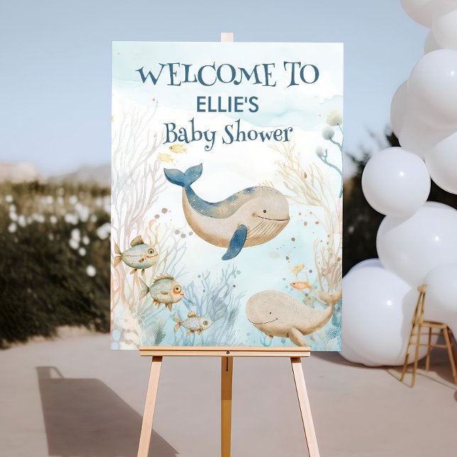 Watercolor Whale Baby Shower Under the Sea Welcome Poster (Welcome poster from the Whale Baby Shower Collection by Darling & May)