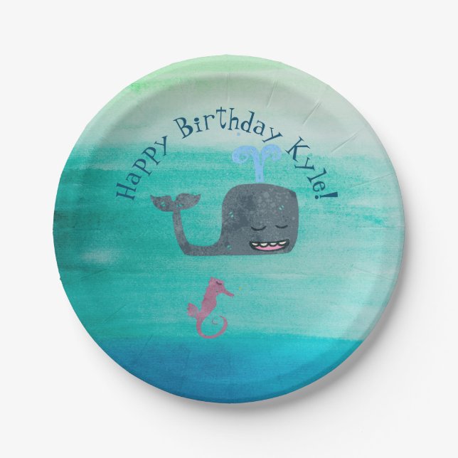 Watercolor Whale Birthday Paper Party Plates (Front)