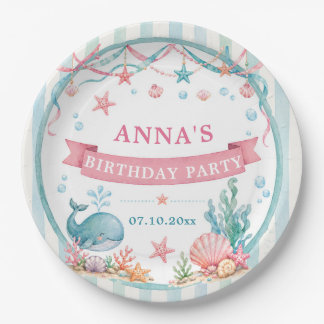 Watercolor Whale Birthday Party Paper Plate