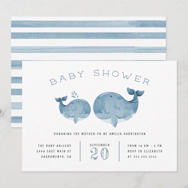 Watercolor Whale Boy's Blue Baby Shower Invitation (Front/Back)