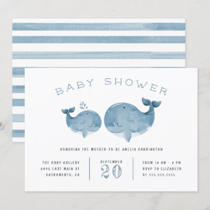 Watercolor Whale Boy's Blue Baby Shower Invitation