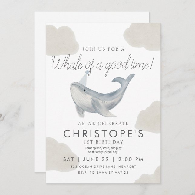 Watercolor Whale First Birthday Invitation (Front/Back)