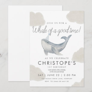 Watercolor Whale First Birthday Invitation