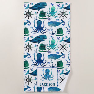 Watercolor Whale Octopus Pattern Kids Nautical Beach Towel