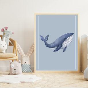 Watercolor Whale on Baby Deep Blue Nursery Art Poster