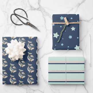 Watercolor Whale - Star - Stripe Pattern Navy Blue Wrapping Paper Sheet