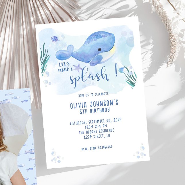 Watercolor Whale Tastic Blue Birthday Invitation (Creator Uploaded)
