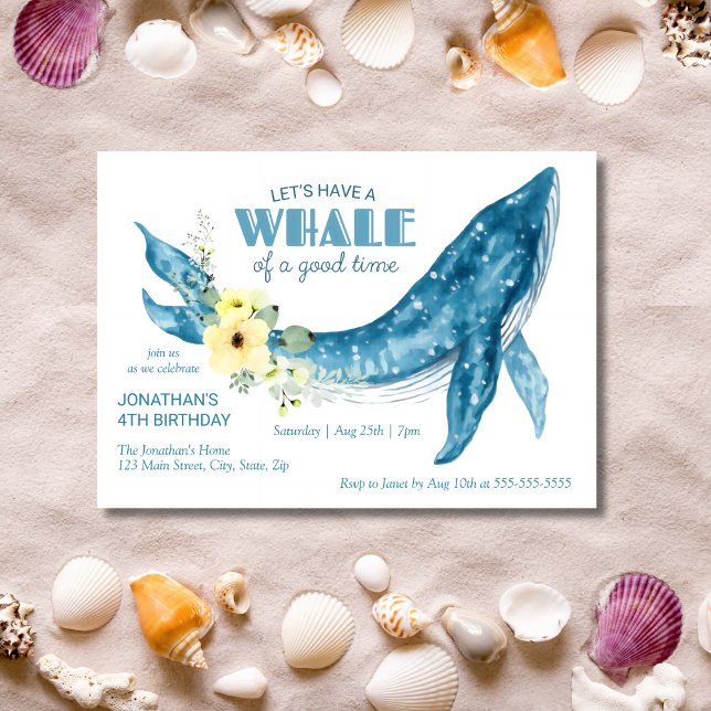 Watercolor Whale Yellow Floral Birthday Party Invitation (Creator Uploaded)