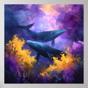 Watercolor Whales Abstract Ocean Garden Poster