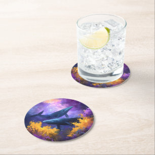 Watercolor Whales Abstract Ocean Garden Round Paper Coaster