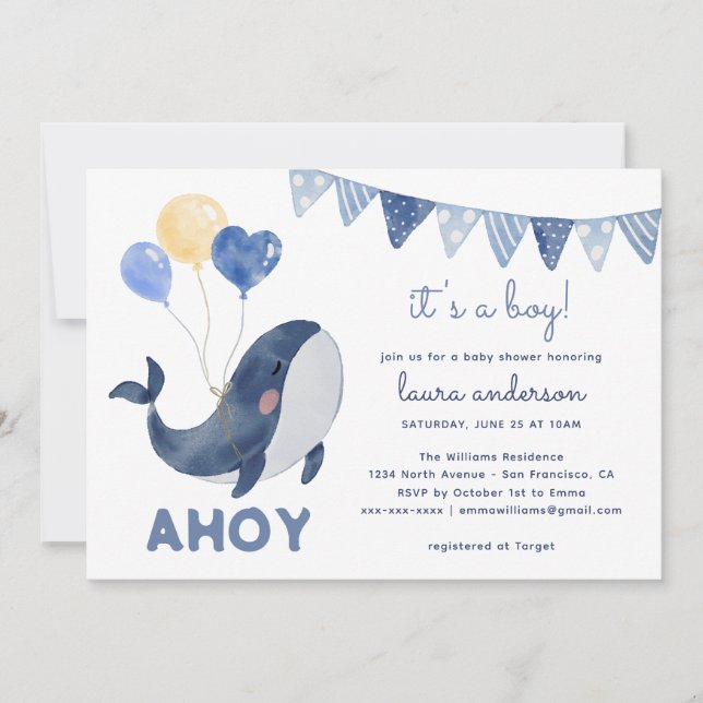 Watercolor Whales Ahoy it's a Boy Baby Shower Invitation (Front)