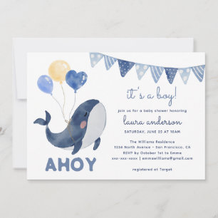 Watercolor Whales Ahoy it's a Boy Baby Shower Invitation