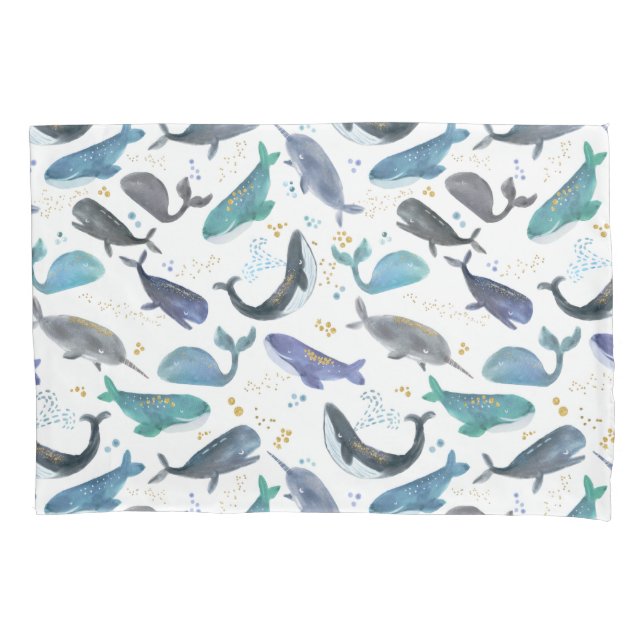 Watercolor Whales Ocean Fish Gold Blue Pillowcase (Front)