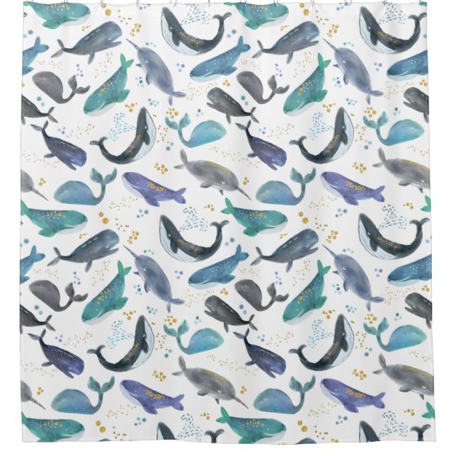 Watercolor Whales Ocean Fish Gold Blue Shower Curtain (Front)