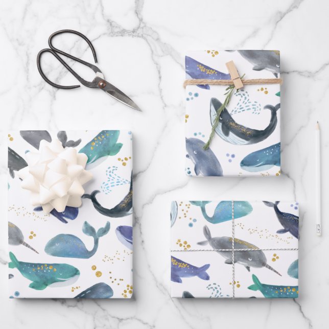 Watercolor Whales Ocean Fish Gold Blue Wrapping Paper Sheet (Front)