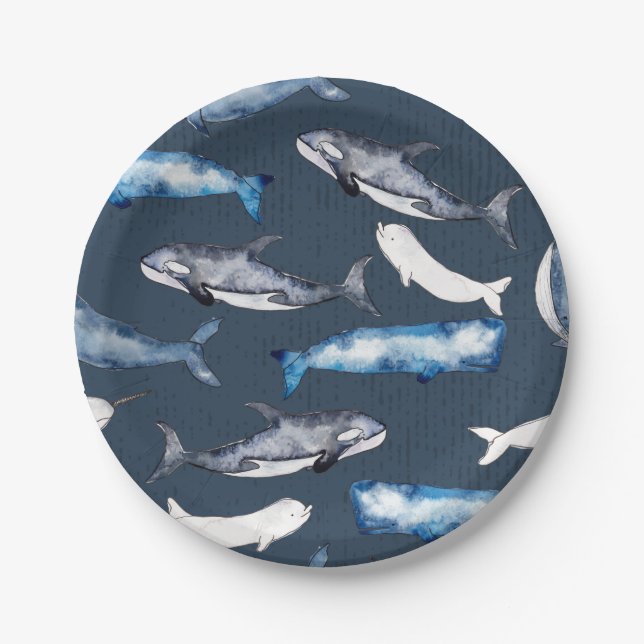 Watercolor Whales Paper Plate (Front)