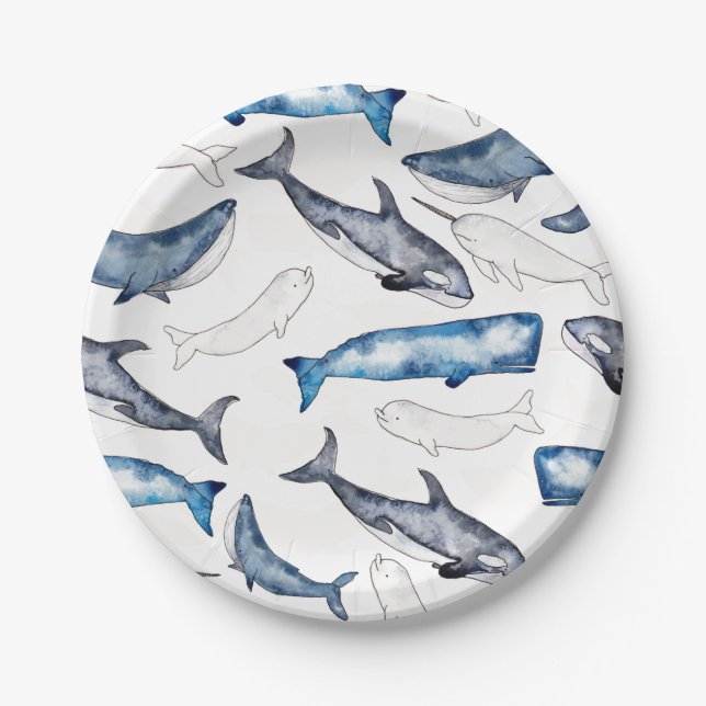 Watercolor Whales Paper Plate (Front)