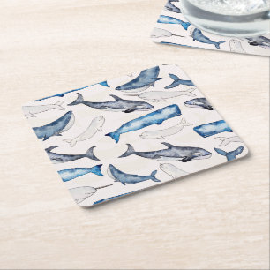 Watercolor Whales Square Paper Coaster