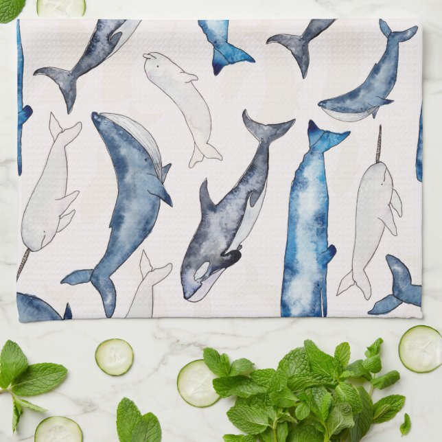 Watercolor Whales Tea Towel (Folded)