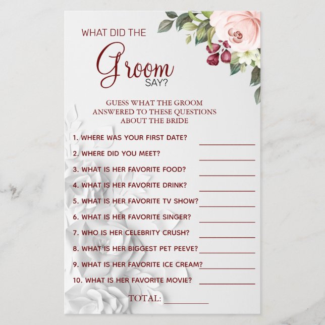 Watercolor  What groom say Bridal shower game card (Front)