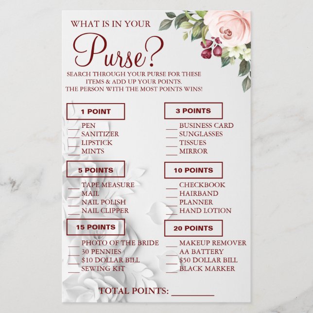 Watercolor  What is in your purse Shower game card (Front)
