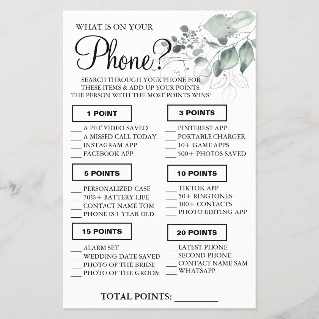 Watercolor  What is on your phone Shower game card (Front)