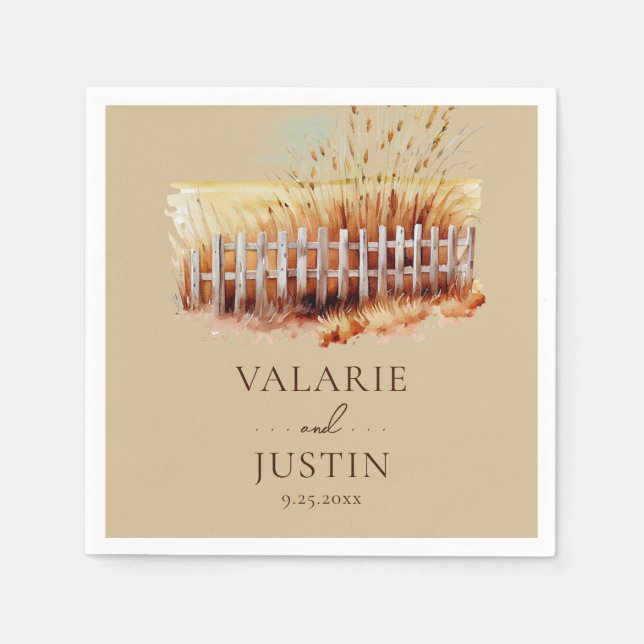 Watercolor Wheat Field Fence Wedding Napkins (Front)