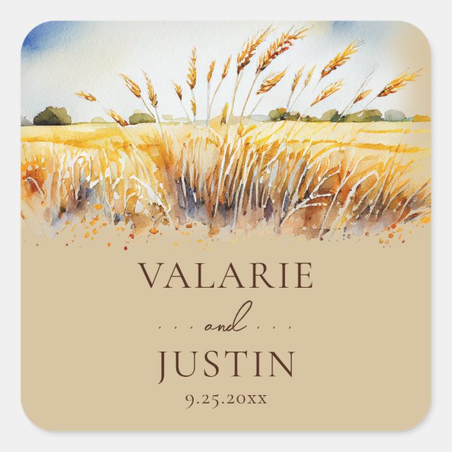Watercolor Wheat field Wedding  Square Sticker (Front)