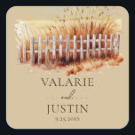 Watercolor Wheat Western Wedding  Square Sticker<br><div class="desc">Watercolor Wheat Field Western Wedding. Script font highlights with easy to read serif name font. Easy to adjust for your own wedding needs. Personalised wedding supplies. Rustic Outdoor Wedding.</div>